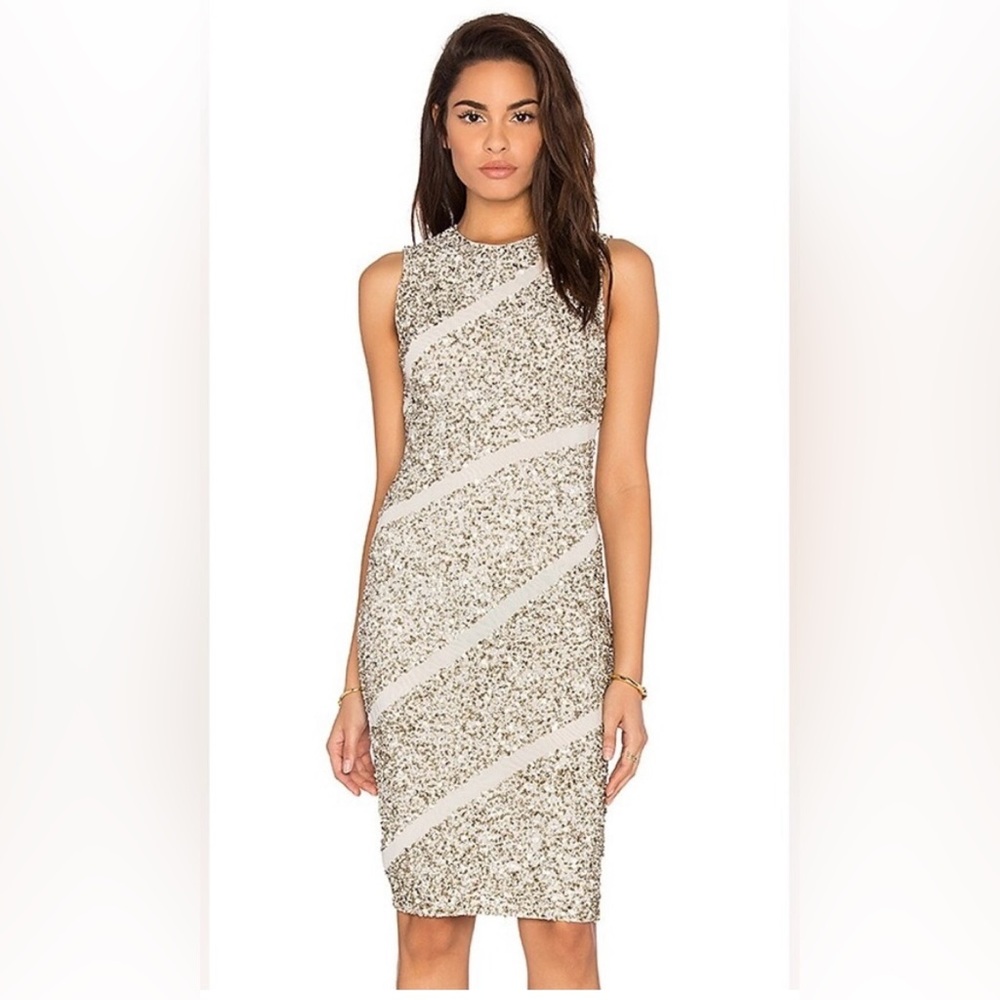 NWT Alice and Olivia Sitara Embellished Sequin Mini Dress in Cream & Silver